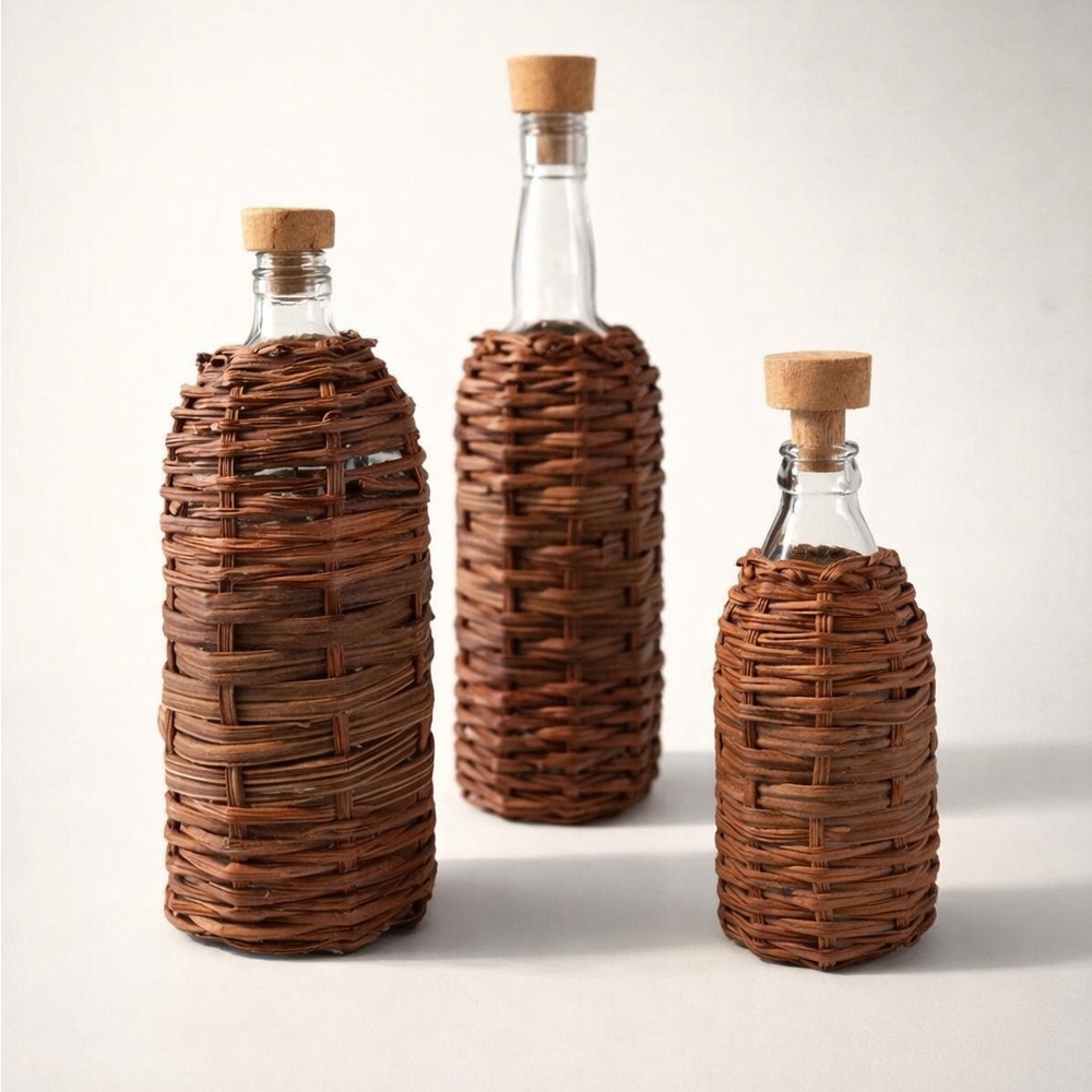 VINTAGE DECORATIVE BOTTLES‎ ENCASED IN WOVEN RATTAN/WICKER SET/3 RUSTIC ITALIAN